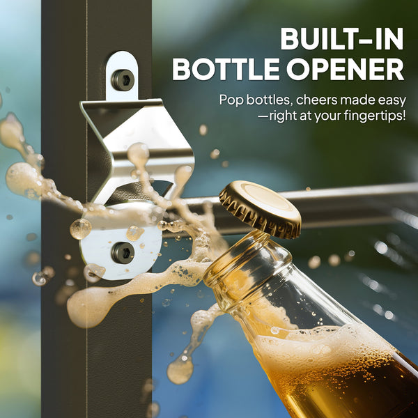 Outdoor bar table with integrated bottle opener 