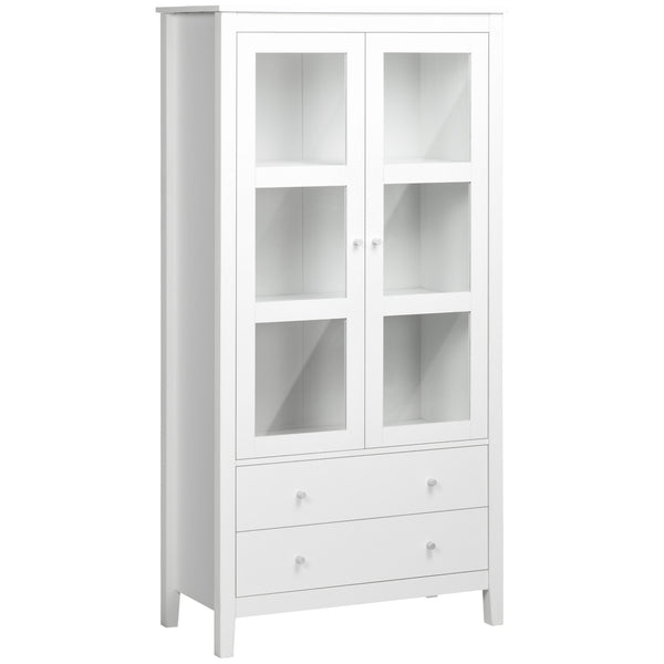 Storage unit with 3-tier shelves, 2 drawers and glass doors, white