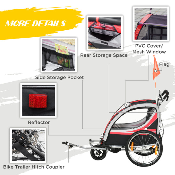 2-seater bicycle trailer with handbrake, 5-point harness, red