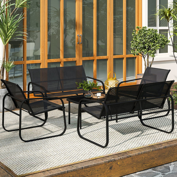 4-piece patio furniture set with 2 loveseats, 2 armchairs, and a glass-top table, black