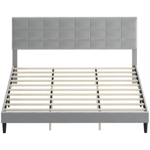 King size bed frame with upholstered headboard and wooden slats, gray