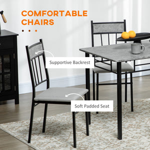 5-Piece Dining Set for 4, with Marble-Effect Top, Upholstered Chairs and Grey Metal Frame.