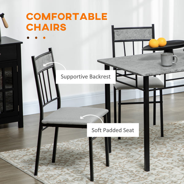 5-Piece Dining Set for 4, with Marble-Effect Top, Upholstered Chairs and Grey Metal Frame.
