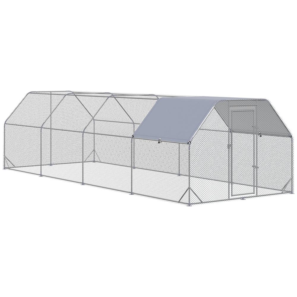 Galvanized metal chicken coop with flat roof and tarp
