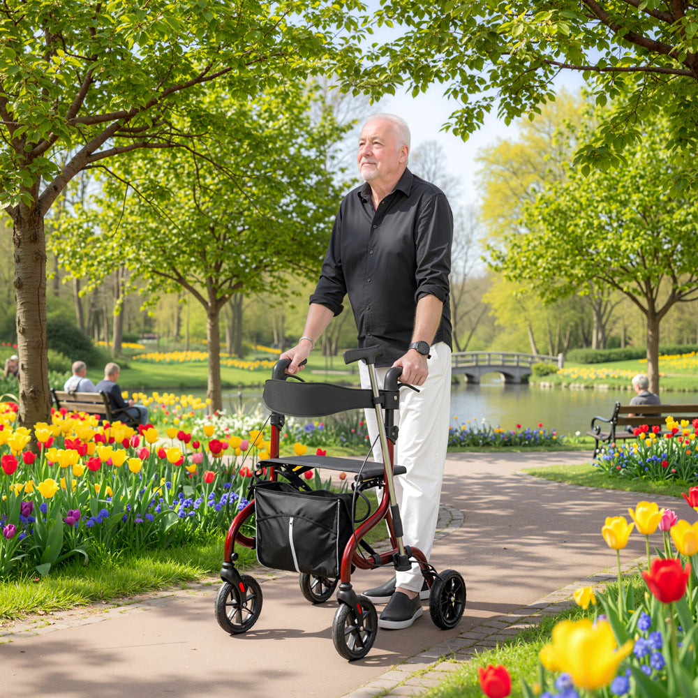Foldable rollator walker with seat for seniors, lightweight with wheels and adjustable handles, red