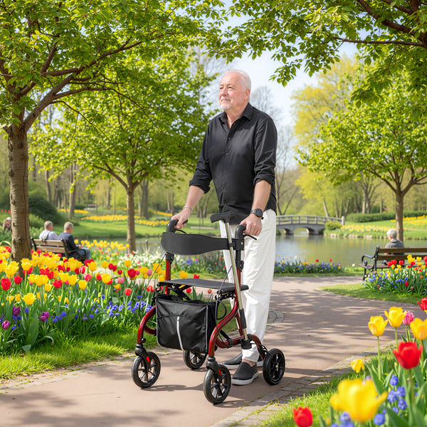 Foldable rollator walker with seat for seniors, lightweight with wheels and adjustable handles, red