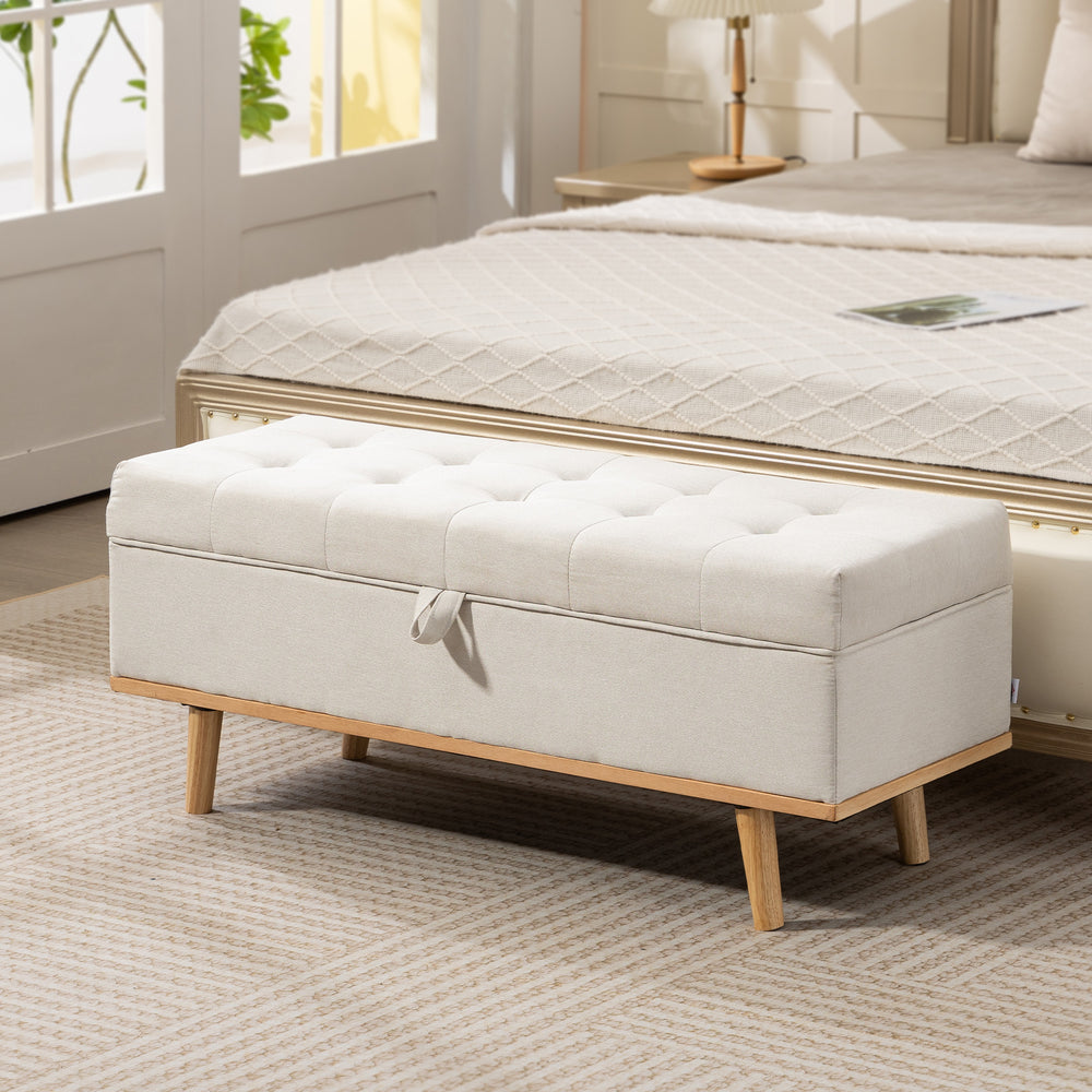Storage Ottoman Bench with Lift-Up Lid and Wooden Legs, Cream White