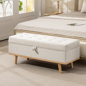 Storage Ottoman Bench with Lift-Up Lid and Wooden Legs, Cream White