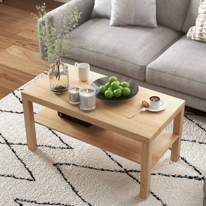 Two-tier coffee table with storage shelf, natural wood color