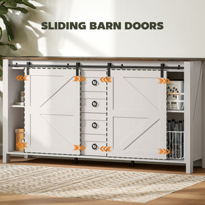 Buffet with barn-style sliding doors, drawers and adjustable shelves, cream white