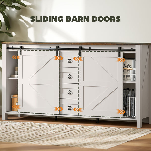 Buffet with barn-style sliding doors, drawers and adjustable shelves, cream white