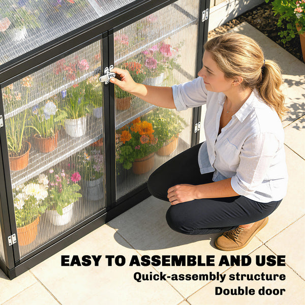 Polycarbonate garden greenhouse with shelves, black 