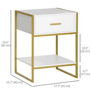 Set of 2 modern bedside tables with drawer and shelf, white and gold