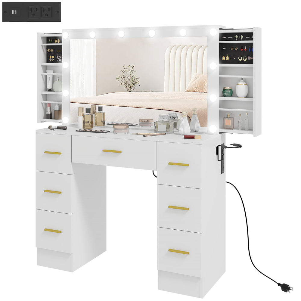 Dressing table with lighting, 7 drawers and 6 storage compartments, white