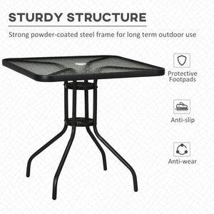 Square dining table with parasol hole and tempered glass top, black