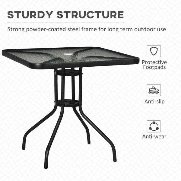 Square dining table with parasol hole and tempered glass top, black