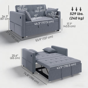 3‑in‑1 Convertible Sofa Bed, Pull Out Sleeper Sofa with USB Charging, Adjustable Backrest, Side Pockets, Dark Gray