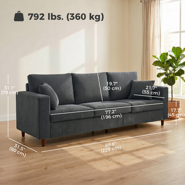 3-seater sofa with wide seat, in corduroy, spring cushions, dark grey