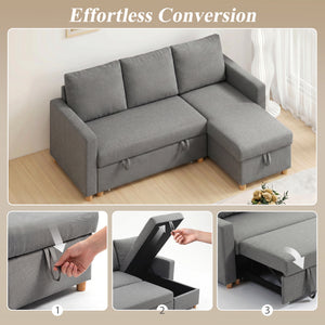 Convertible sectional sofa with pull-out bed, reversible chaise, and storage – Light gray