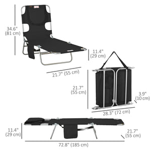 Folding Outdoor Lounge Chair, 5-Level Tanning Chair with Face Hole, Side Pocket, Carry Strap for Beach Pool, Black