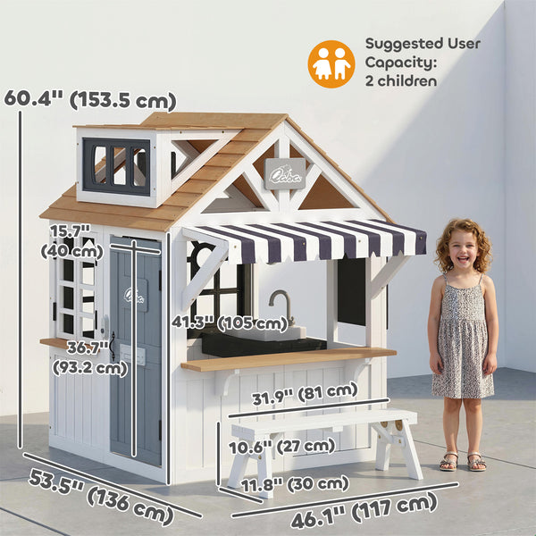 Wooden playhouse for children with cat flap, kitchen utensils, blackboard, bench, and doorbell