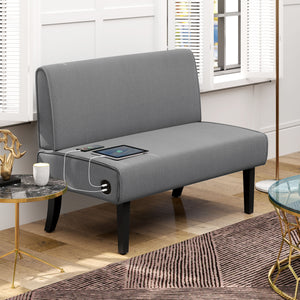 2 Seater Corduroy Sofa with USB Ports and Wooden Legs, Grey