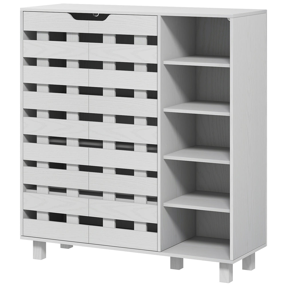 Meuble de rangement pour 21 paires de chaussures blanc avec armoire à double porte et étagères ouvertes à 5 niveaux