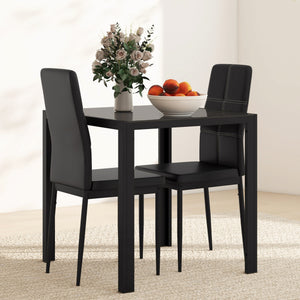 Glass Dining Table and Chair Set with Metal Frame and Faux Leather Upholstery, Black