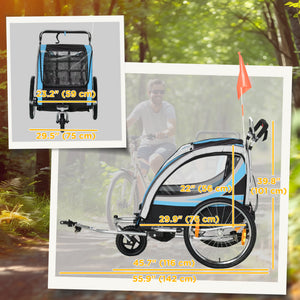 2-seater bicycle trailer with handbrake, 5-point harness, blue