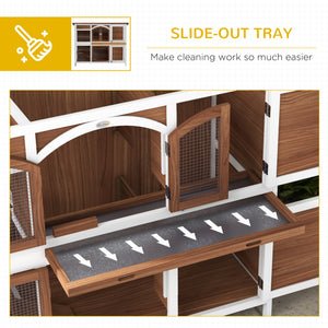 Two-tier wooden hutch with opening roof and pull-out tray