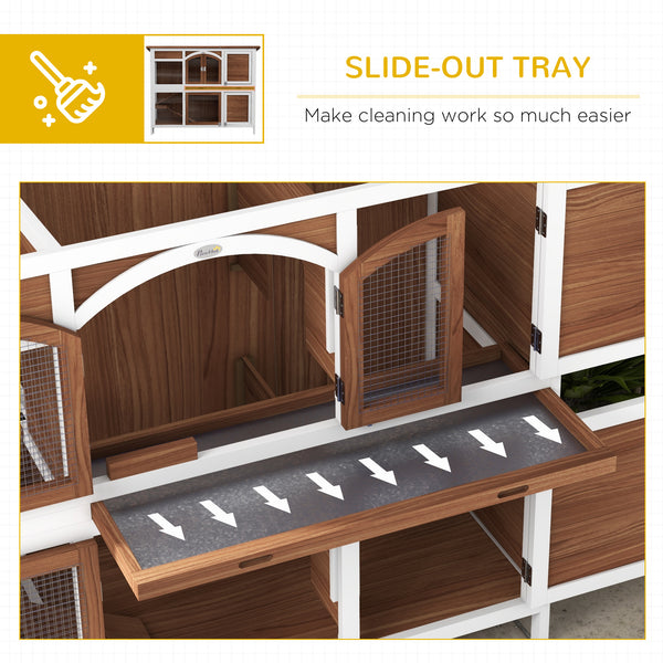 Two-tier wooden hutch with opening roof and pull-out tray