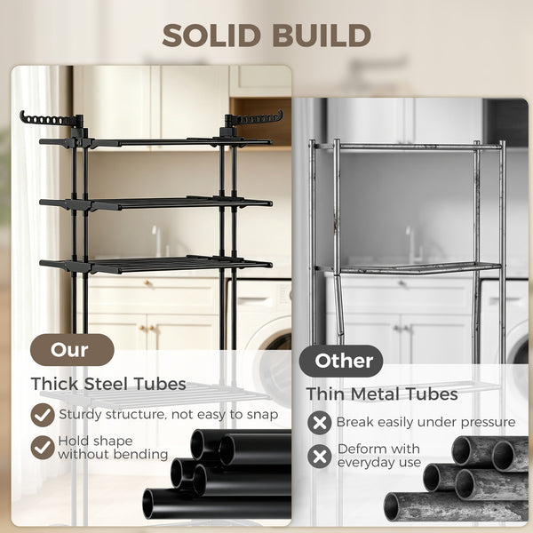 5-tier foldable clothes drying rack on wheels, black