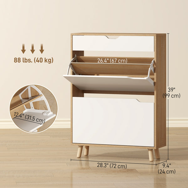 Narrow entryway shoe cabinet with 2 drop-down drawers, a top drawer and adjustable shelves for 12 pairs of shoes, white