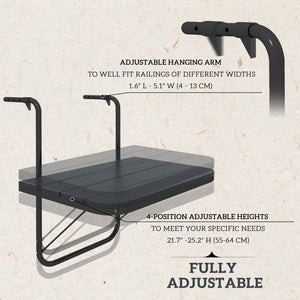 Outdoor hanging table, adjustable balcony table, black