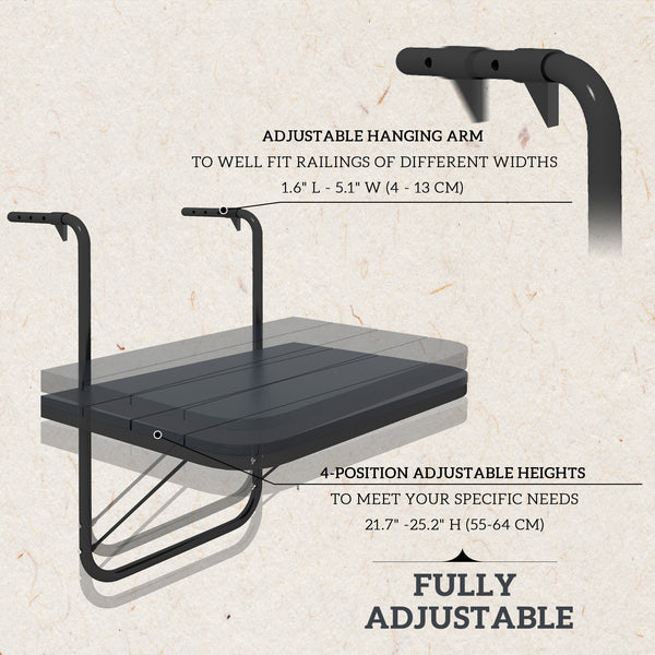 Outdoor hanging table, adjustable balcony table, black