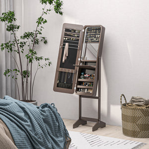 Standing jewelry cabinet with mirror, LED lighting, brown
