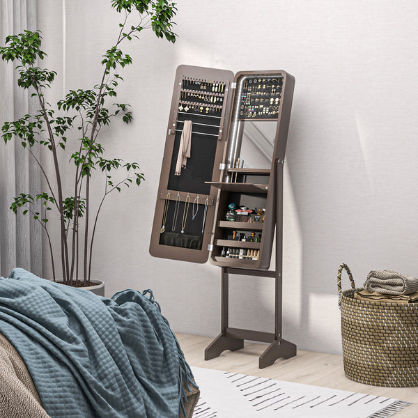 Standing jewelry cabinet with mirror, LED lighting, brown