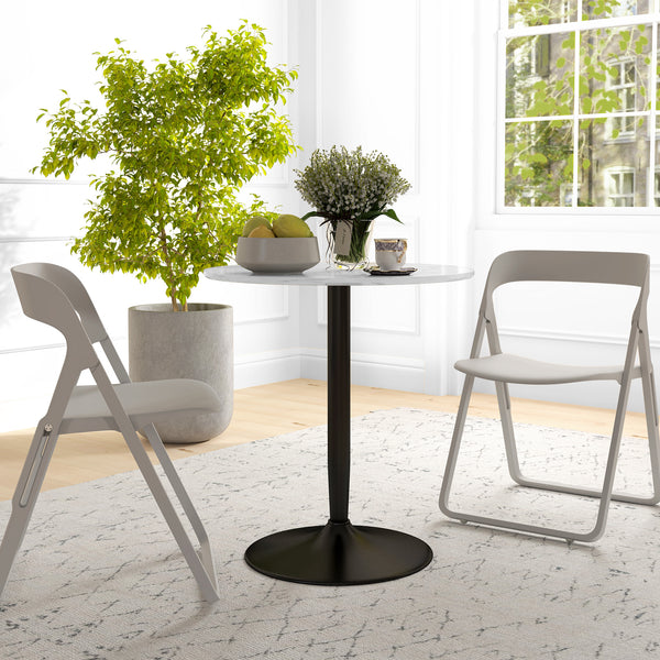Modern kitchen table for 2, round with steel base, white marble