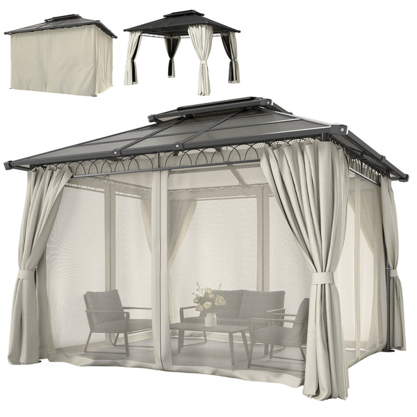 10' x 12' gazebo with double rigid roof, polycarbonate roof, steel frame, mosquito netting and curtains