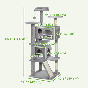 54-inch Multi-Level Cat Tree with Scratching Posts, Condos, Bed, Platforms, Light Gray