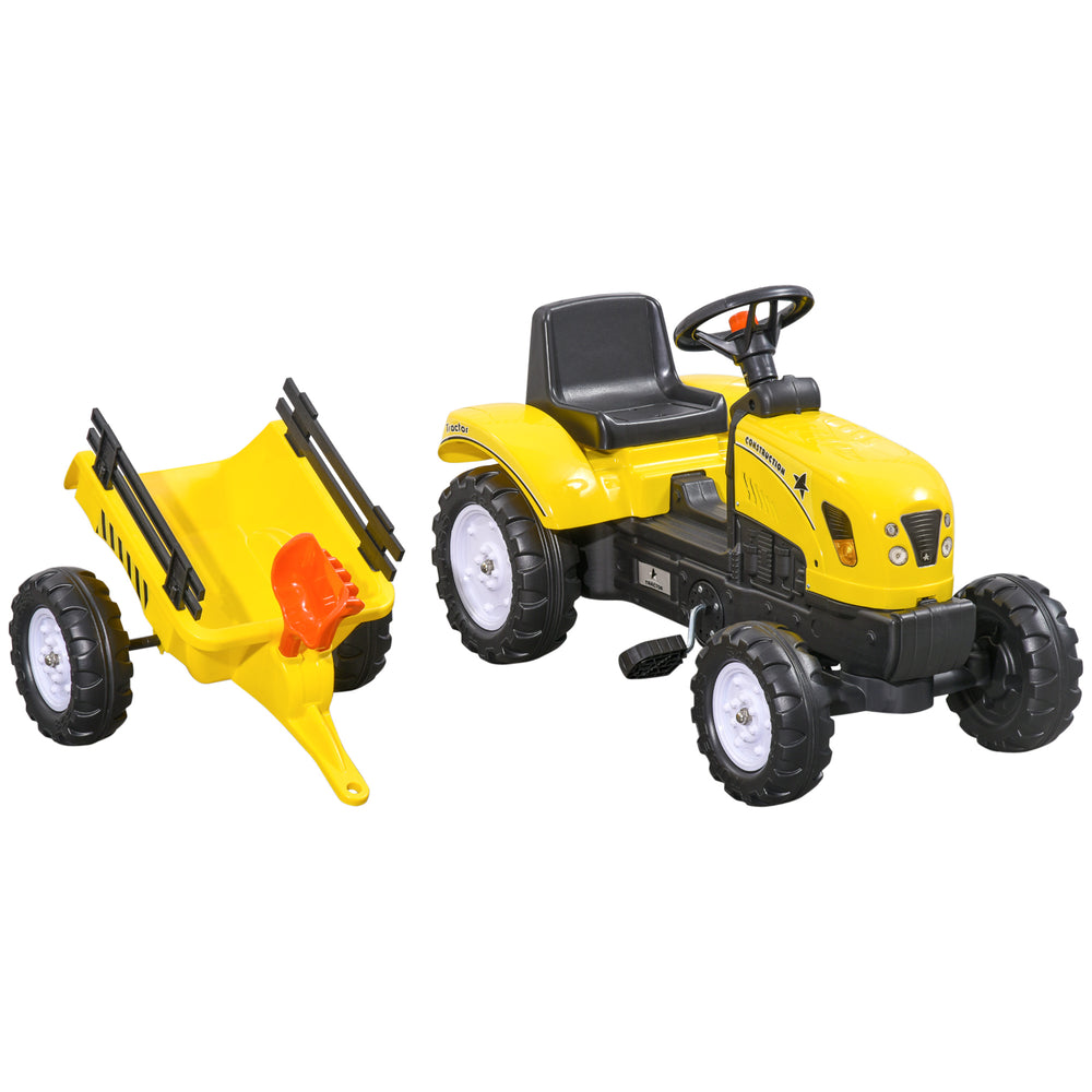 Ride-on excavator with rear trailer, shovel and rake