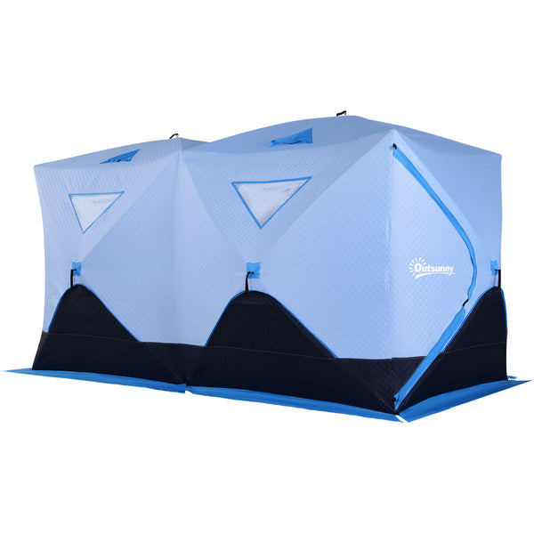 Insulated ice fishing shelter for 8 people with ventilation windows and carry bag, for temperatures down to -30°C, blue