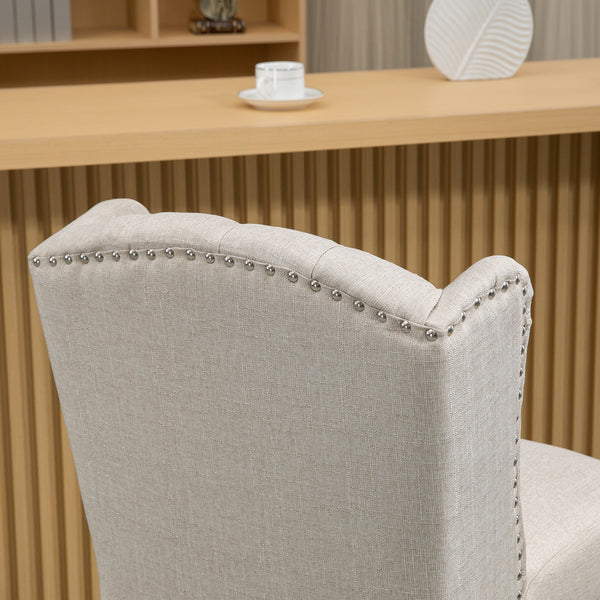 Set of 2 padded bar stools with studded backrest and footrest, beige