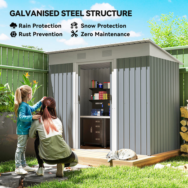 Metal garden shed with lockable sliding doors and ventilation, grey