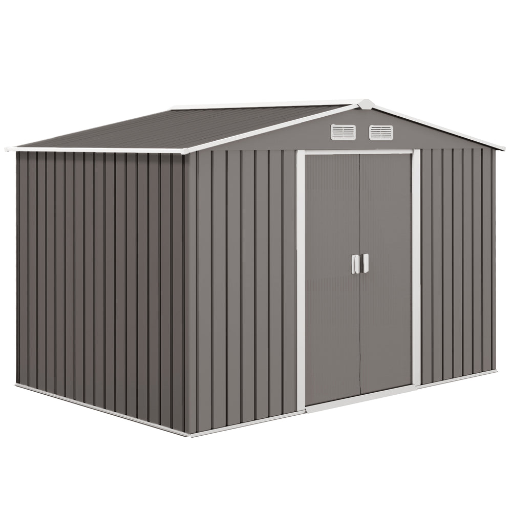Ventilated galvanized steel garden shed with double door and foundation kit, grey