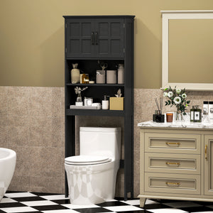 Modern over-the-bathroom storage unit with open shelves and double-door cabinet, black