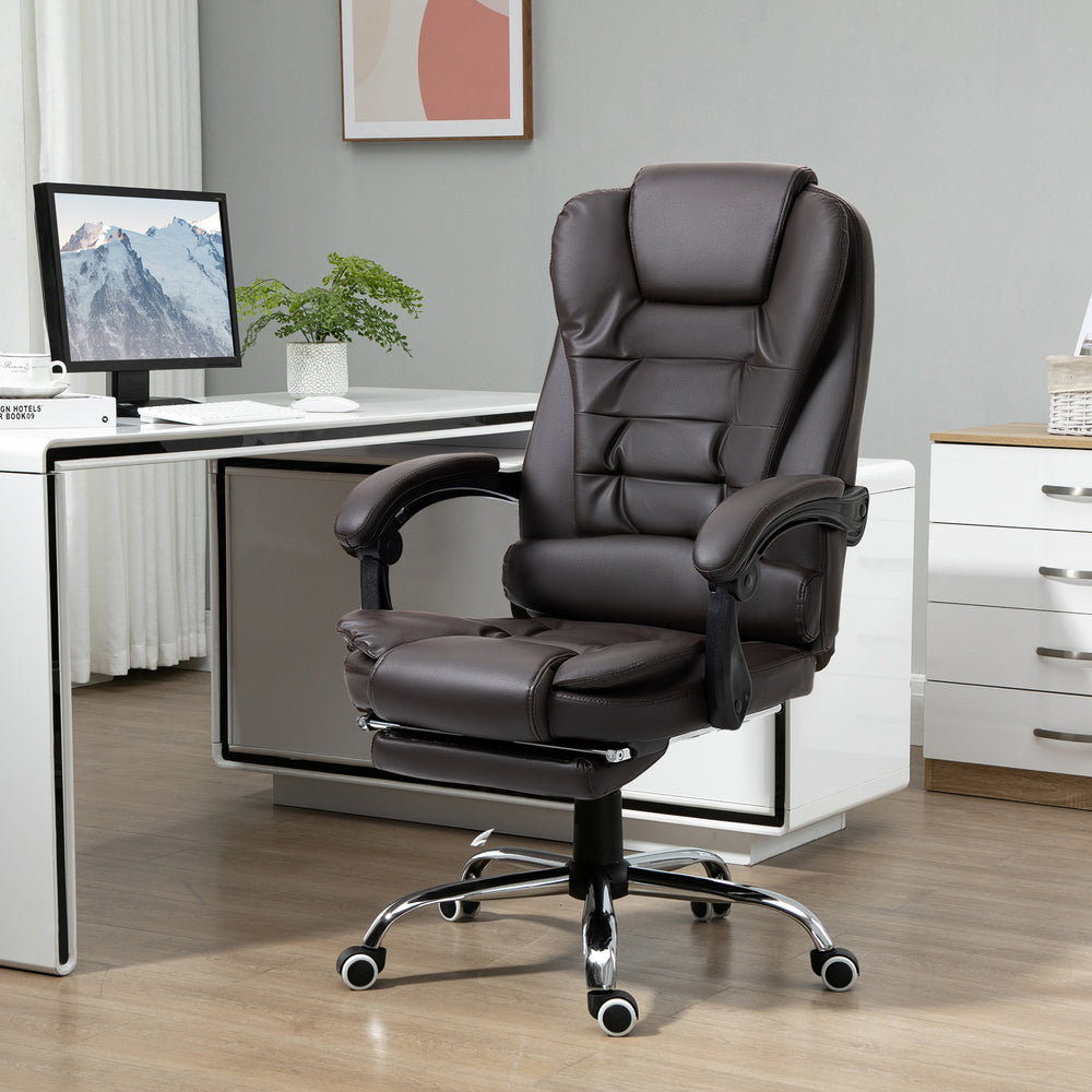 High-back office chair in PU leather with footrest, coffee color