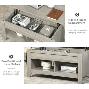 Lift-up coffee table with hidden storage compartment, light grey