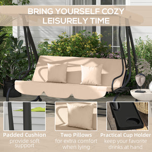 3-seater outdoor swing, convertible into a flat bed with adjustable shade, removable cushions, cup holder, light brown