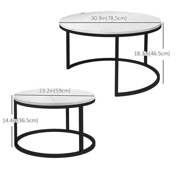 Set of 2 modern coffee tables with metal base, white marble effect